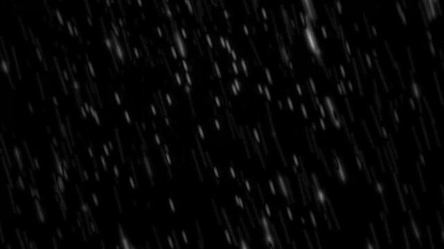 Angled heavy rain falling on black background. Raining overlay 4K loopable video animation.