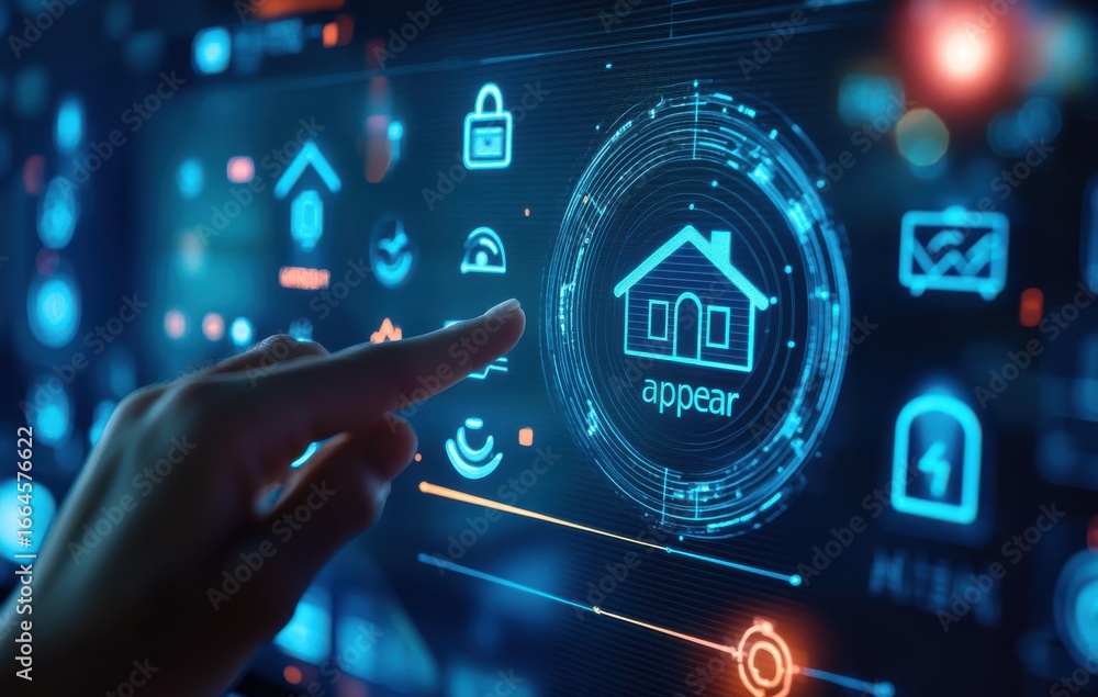 Aufkleber smart home technology interface showing hand interacting with virtual controls, demonstrating modern