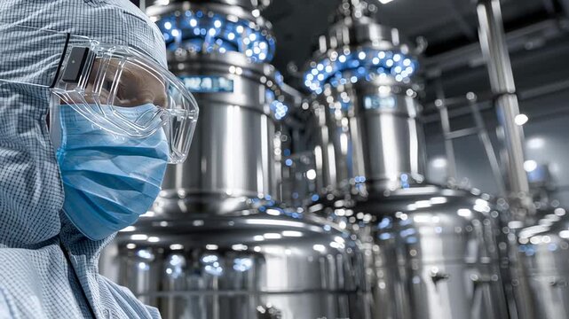 A person in a face mask, goggles, and lab coat stands in a laboratory. They are surrounded by large, shiny, steel tanks and equipment in a clean, modern facility.