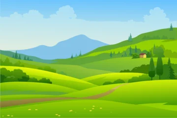 Fototapeten Lindgrün A serene landscape with rolling hills trees and a house in distance view  © MAYENUDDIN