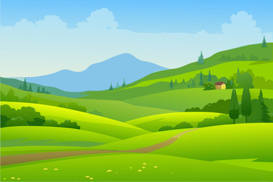A serene landscape with rolling hills trees and a house in distance view