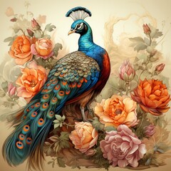 Colorful peacock illustration perched on a wooden branch, surrounded by blooming orange and pink flowers and lush leaves on a light background