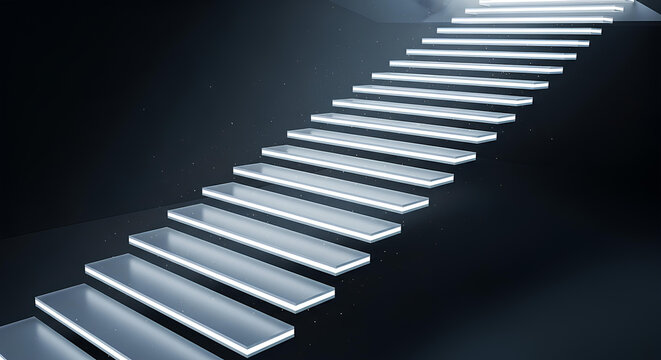 Futuristic glowing staircase leading up, a modern abstract stairway to success. Illuminated stairs represent a path to the future, a bright conceptual stairway of ambition and progress.