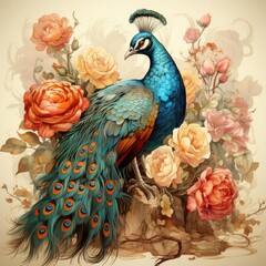 Artistic illustration of majestic peacock with fanned tail, surrounded by vibrant orange and pink flowers and green leaves on a soft background