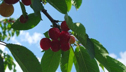 Ripe cherries cluster on a branch against a bright blue sky, showcasing a vibrant summer harvest.