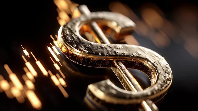 A glowing, textured dollar sign stands on a dark, reflective surface. Golden sparks of light streak through the background, symbolizing finance and investment.