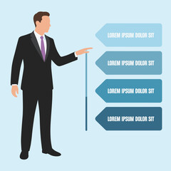 Businessman presentation vector illustration, professional office worker with infographic design, flat cad drawing, corporate strategy chart, modern business artwork