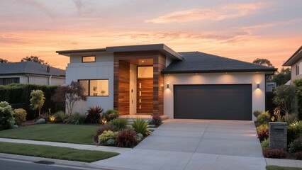 Fototapeta premium Modern Residential House Exterior at Sunset with Well-maintained Garden and Driveway