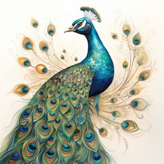 Exquisite portrait of a majestic peacock, its colorful tail feathers fanned out in a circular, detailed pattern on a light background