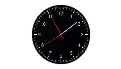 A round black clock face with white numbers and red hands displays a specific time against a plain white background.