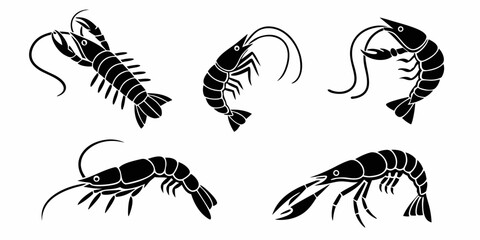 Collection of Stylized Black Shrimp and Lobster Silhouettes.