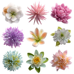 Nine Pastel-Colored Artificial Flowers: Overhead View, Isolated on Transparent Background