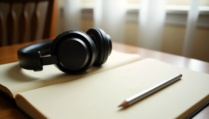 Black over-ear headphones on blank notebook with pencil and copy space for back to school or study focus