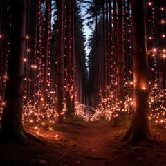 Enchanting view of a forest path at night, illuminated by numerous strings of glowing red lights hanging between tall pine trees