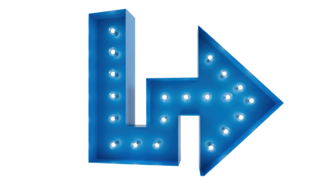 Bright blue retro L-shaped marquee arrow sign with glowing white bulbs, isolated on a transparent background with expansive copy space, symbolizing clear direction and progress. Concept of guidance