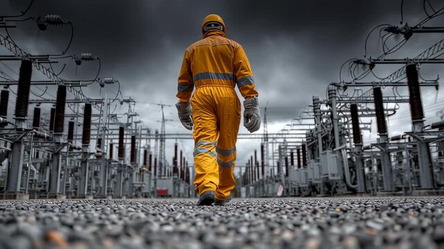 An electrical engineer walks through a power substation, symbolizing the safety and transmission of energy. This worker represents the crucial industry of electricity.