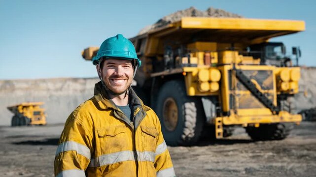 Hard Hat Smile: A skilled worker, embodying the spirit of industry, stands confidently before a colossal yellow mining truck, showcasing a hard-working ethos within a vast outdoor expanse.
