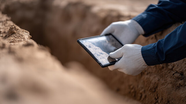 Technician wearing white gloves holding tablet with soil analysis in outdoor excavation site with brown dirt
