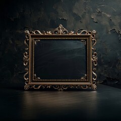 Antique gold picture frame with detailed beading, standing on a dark wooden surface against a dark, textured wall with a blank black center