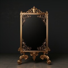 Elaborate ornate vintage gold easel with blank black center, standing on a tiled floor against a dark, textured wall