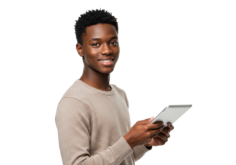 A confident young person in their early twenties wearing a crew-neck sweater, holding a minimalist tablet, smiles genuinely at camera on a white background. Concept of youth embracing learning and