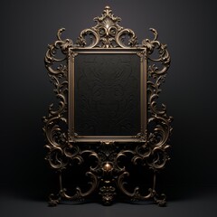 Ornate vintage bronze easel with a blank black center, standing on a dark surface against a black background, with elaborate scrolling
