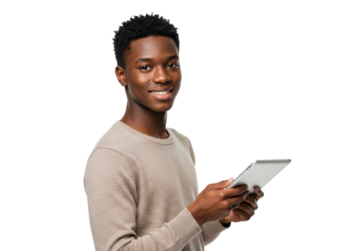 A confident young person in their early twenties wearing a crew-neck sweater, holding a minimalist tablet, smiles genuinely at camera on a white background. Concept of youth embracing learning and