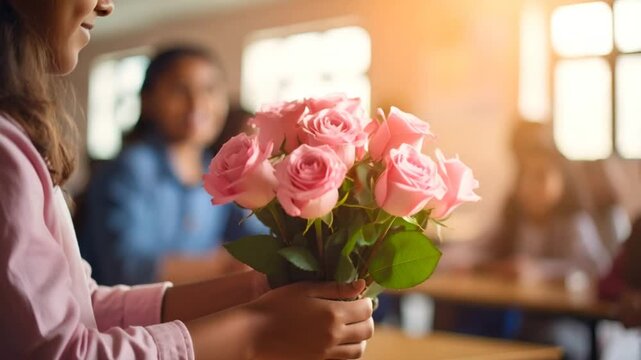 Child giving pink roses bouquet