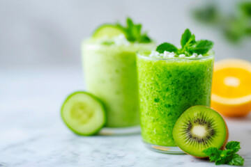 Two refreshing green smoothies garnished with orange kiwi and cucumber on a clean white marble table a healthy and vibrant food shot