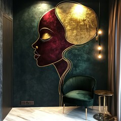 Abstract portrait wall mural with ornate gold accents