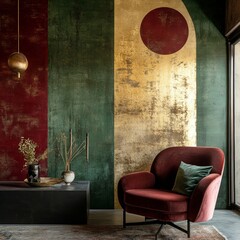 Interior room with abstract mural maroon green gold