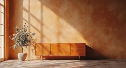 Minimalist interior design of a modern wooden sideboard in a sunlit room with an elegant potted plant