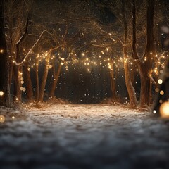 Snowy forest path illuminated with warm lights