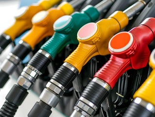 Clean macro photograph featuring Fuel nozzle close up fuel pump petrol station gas station equipment isolated on transparent background, glossy finish with clean specular highlights, studio product ph