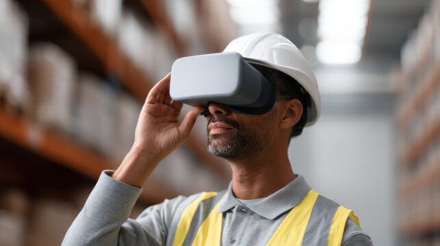Man wearing safety helmet and virtual reality headset in warehouse environment exploring technology