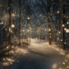 Magical winter wonderland forest path with lights