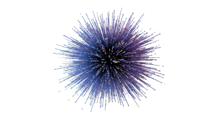 Abstract high-energy burst of shimmering multi-colored particles & light trails on a minimalist studio background with negative space. Concept of innovation & future potential