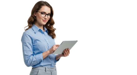 Young caucasian woman in business casual, holding tablet, smiling against transparent background, concept of digital communication and professionalism