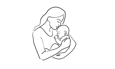 Mother rocks baby, continious line drawing. Motherhood, Mother's Day outline. Vector illustration