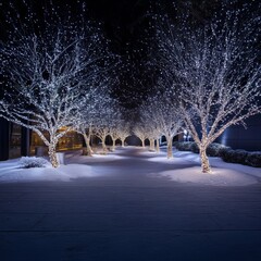 Street lined with trees decorated with white lights