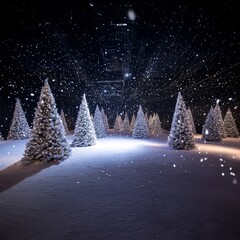 Winter landscape with frosted Christmas trees and snowfall
