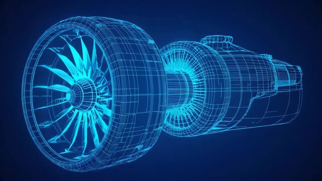Futuristic Wireframe 3D Jet Engine Blueprint Design