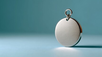Minimalist Round Silver Pendant with a Smooth Finish Against a Soft Blue Background