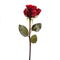 A single, deep crimson rose with green leaves on a long stem, isolated against a pure white background