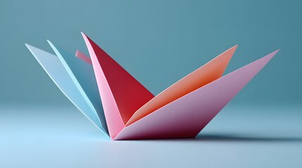 Fototapeta premium Colorful Paper Origami Sculpture in Shades of Pink, Red, and Blue on a Light Background