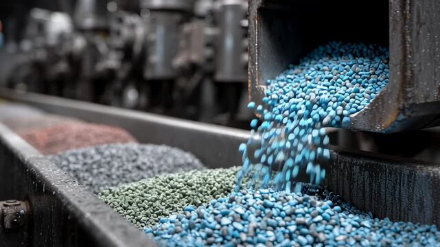 Blue industrial plastic granules are pouring from a machine onto a conveyor belt where other colorful pellets are moving through a factory.