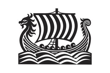 Black and White of a Viking Drakkar Ship on Wavy Sea