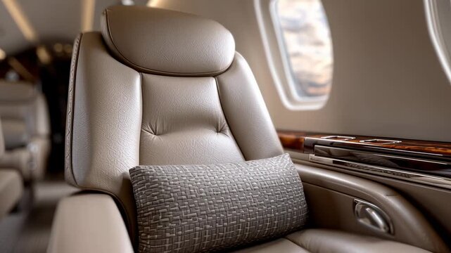 A close-up of an empty, luxurious leather seat inside a private jet or first-class cabin. A small pillow rests on the cushion, and a window is visible in the background. The plane is stationary.