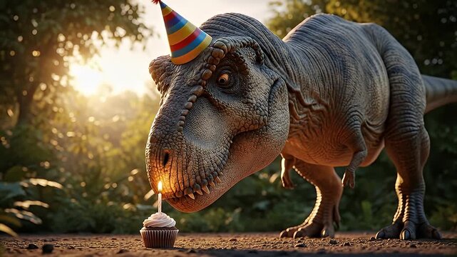 A funny Tyrannosaurus Rex dinosaur wearing a party hat to celebrate its birthday with a single cupcake.