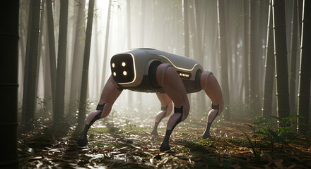 Futuristic Hexapod Robot Dog in a Misty Bamboo Forest. An advanced AI robotic dog exploring nature. Futuristic robot technology concept.